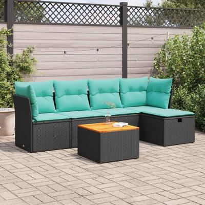 6-delige Loungeset met kussens poly rattan zwart