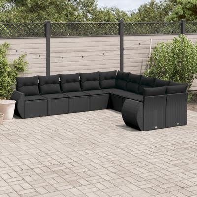 10-delige Loungeset met kussens poly rattan zwart - thumbnail