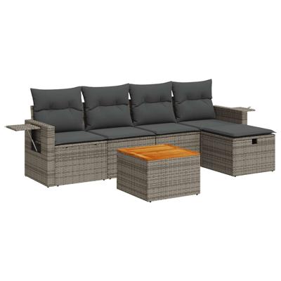 6-delige Loungeset met kussens poly rattan grijs