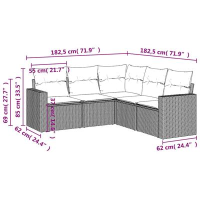 5-delige Loungeset met kussens poly rattan lichtgrijs