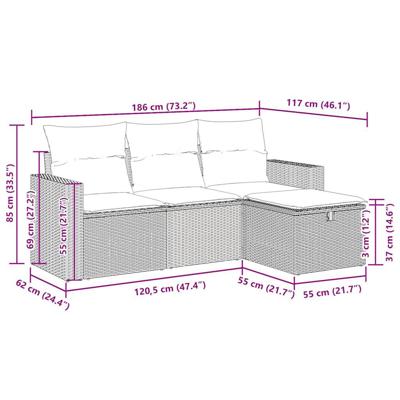 4-delige Loungeset met kussens poly rattan beige - thumbnail