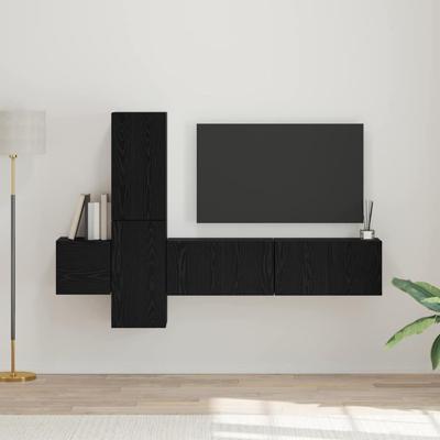Tv-meubelset met plank Wandgemonteerd met opslag met de deur 5 pcs Zwart eiken Bewerkt hout