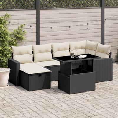 7-delige Loungeset met kussens poly rattan zwart