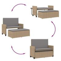 Tuinbank met kussens en voetenbank poly rattan beige - thumbnail