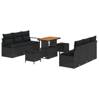 Tuinbankenset met kussen 9 pcs Zwart poly rattan