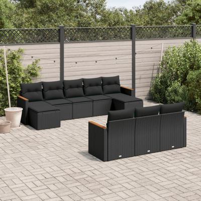10-delige Loungeset met kussens poly rattan zwart - thumbnail