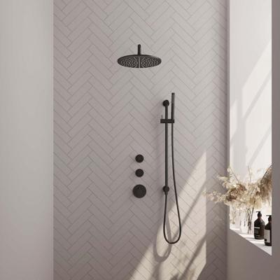 Regendoucheset Inbouw Brauer Black Carving Thermostatisch 30cm met Gebogen Wandarm, Glijstang en Handdouche Staaf Losse Stopkranen Mat Zwart