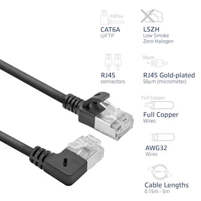 ACT Zwarte 0.5 meter U/FTP CAT6A LSZH Slimline patchkabel met RJ45 connectoren recht naar 90° haaks