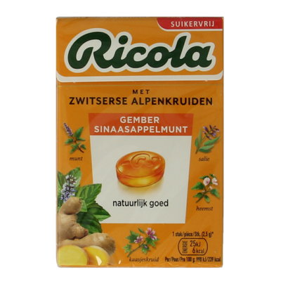 Ricola Gember sinaasappelmunt suikervrij 50 Gram Ricola Gember sinaasappelmunt suikervrij 50 Gram
