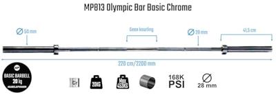 Muscle Power Olympische halterstang 50 mm 218 CM chroom MP813 Muscle Power Olympische halterstang 50 mm 218 CM chroom MP813