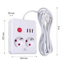 Maclean stekkerdoos, verlengkabel 2 stopcontacten + 3xUSB, 110-240V AC 50/60Hz, 2,1A max 2500W, 3 m, wit, MCE388 W - thumbnail