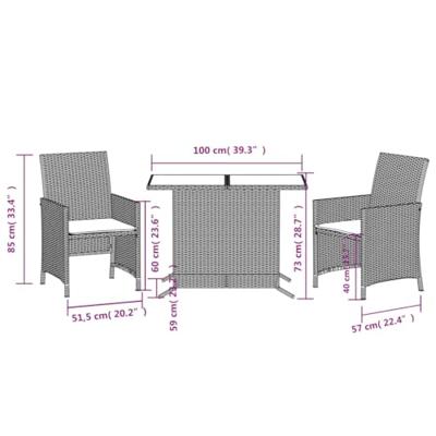 3-delige Bistroset met kussens poly rattan zwart