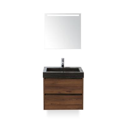 Dante Badmeubelset 60 cm - Walnoot - Wastafel Hardsteen Wit Lucca - met Sence Spiegel