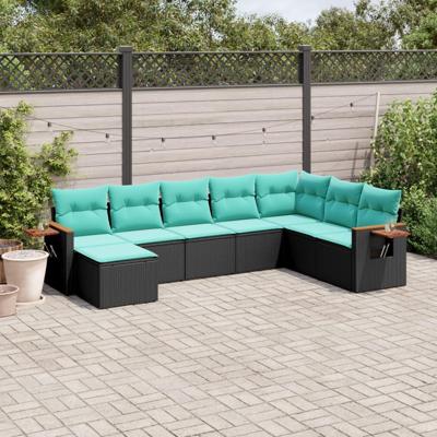 8-delige Loungeset met kussens poly rattan zwart
