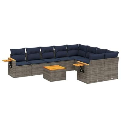 10-delige Loungeset met kussens poly rattan grijs