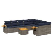 10-delige Loungeset met kussens poly rattan grijs - thumbnail
