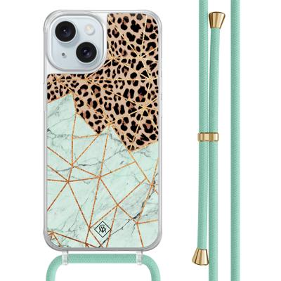 iPhone 15 hoesje met mint koord - Luipaard marmer mint