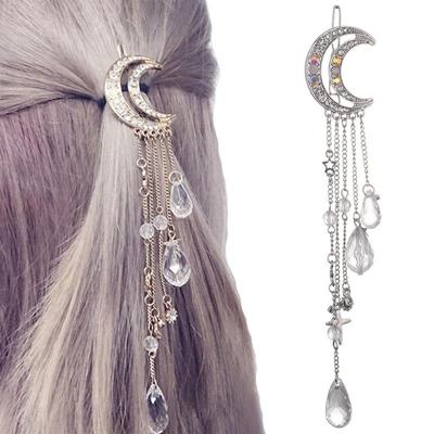 Mode elegante vrouwen Lady maan Rhinestone Crystal kwast lange keten kralen Dangle haarspeld Hair clip haar juwelen (zilver)