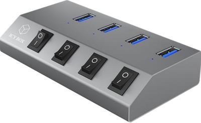 ICY BOX IB-Hub1405 4-voudige USB 3.0 hub en oplader, aan-/uitschakelaar voor elke poort, voeding (5V/4A), aluminium, oplaadstandaard BC 1.2, grijs