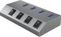 ICY BOX IB-Hub1405 4-voudige USB 3.0 hub en oplader, aan-/uitschakelaar voor elke poort, voeding (5V/4A), aluminium, oplaadstandaard BC 1.2, grijs - thumbnail