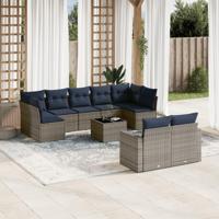 10-delige Loungeset met kussens poly rattan grijs - thumbnail