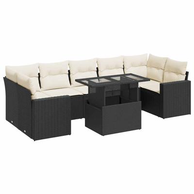 8-delige Loungeset met kussens poly rattan zwart