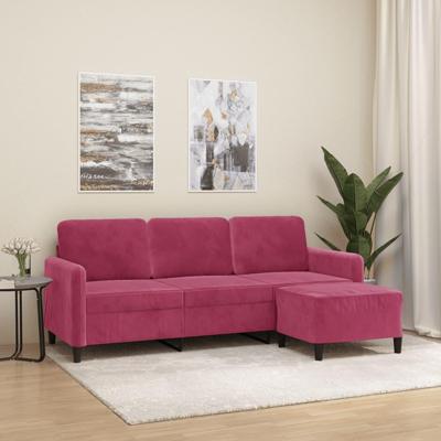 Driezitsbank met voetenbank 180 cm fluweel wijnrood