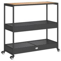 Bartrolley 3-laags poly rattan en massief acaciahout zwart - thumbnail