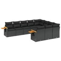 10-delige Loungeset met kussens poly rattan zwart - thumbnail