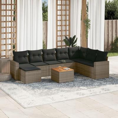9-delige Loungeset met kussens poly rattan grijs