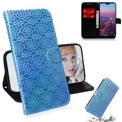 Voor Huawei P20 effen kleur kleurrijke magnetische Buckle horizontale Flip PU lederen draagtas met houder & kaartsleuven & portemonnee & Lanyard (blau