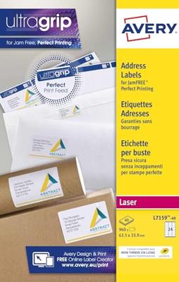 Avery L7159, Adresetiketten, Laser, Ultragrip, wit, 40 vellen, 24 per vel, 63,5 x 33,9 mm Avery L7159, Adresetiketten, Laser, Ultragrip, wit, 40 vellen, 24 per vel, 63,5 x 33,9 mm