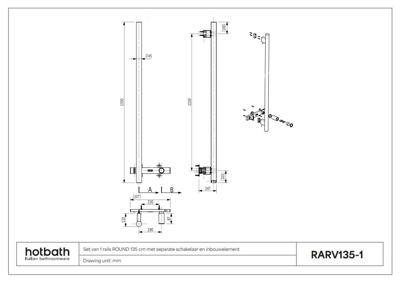 Hotbath &MORE set van 1 rails RARV135 ROUND135 cm met separate schakelaar en inbouw element Geborsteld Messing PVD (RARV135-1BBP)