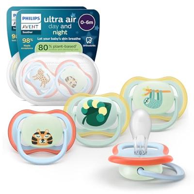 Verpakking van 4 Ultra Air Soothers - PHILIPS AVENT - SCF087/22 - Dag en Nacht - BPA-vrij - Geel/Oranje