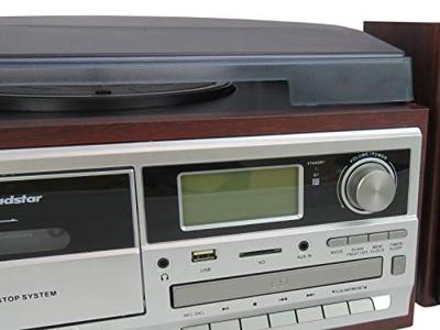 Roadstar HIF-8892EBT Mini Hi-Fi Music System Platenspeler 33/45/78 omwentelingen, digitale radio PLL FM-radio, CD-MP3-speler, cassette, Bluetooth, opnamefunctie, USB, SD-kaart, afstandsbediening, hout