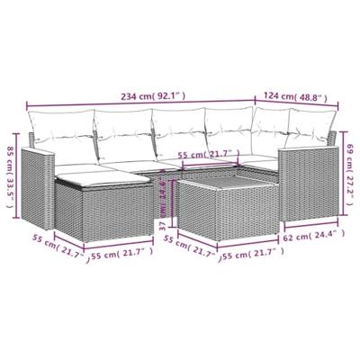 7-delige Loungeset met kussens poly rattan zwart