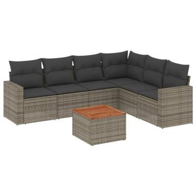 7-delige Loungeset met kussens poly rattan grijs