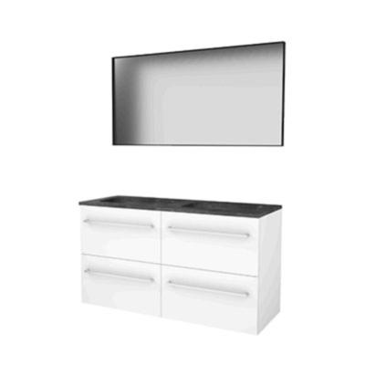 Basic-Line Framed 46 Badkamermeubelset - 120 x 46 cm - Met Grepen - 4 Lades - Hardstenen Wastafel - Zonder Kraangat - Spiegel met Zwart Aluminium Frame - Ice White