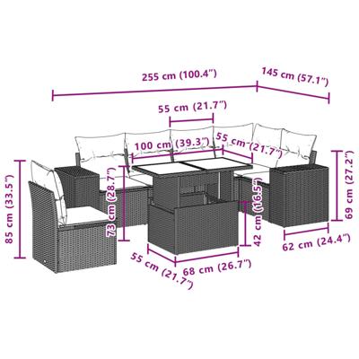 7-delige Loungeset met kussens poly rattan grijs - thumbnail