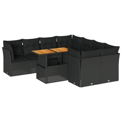 9-delige Loungeset met kussens poly rattan zwart