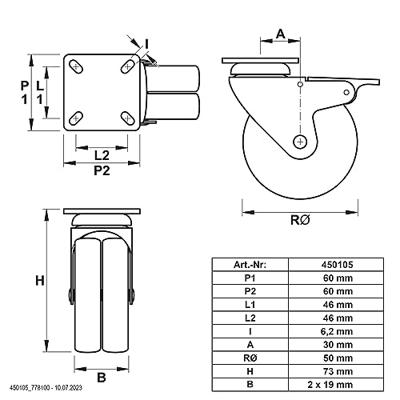 dörner + helmer Dubbel zwenkwiel Wieldiameter: 50 mm Draagvermogen (max.): 80 kg 4 stuk(s)