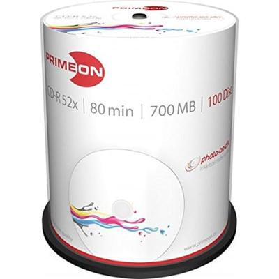Primeon CD-R 80Min/700MB/52x Cakebox (100 Disc), foto-on disc oppervlak, Inkjet fullsize printable, wit