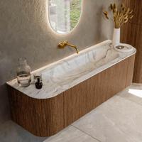 Mondiaz KURVE-DLUX 150 cm Onderkast Greeploos 1 Lade Met Deuren Walnut, Wastafel Solid Surface Midden Glace 0 Kraangaten Zonder Spiegel (KRVBGM150L+R1L2D0KM-Wal/Gla) - thumbnail