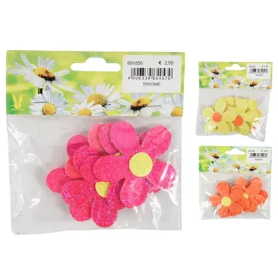 Decoratie bloemen papier glitter 6 cm 3 assorti set van 6 | 50 stuks