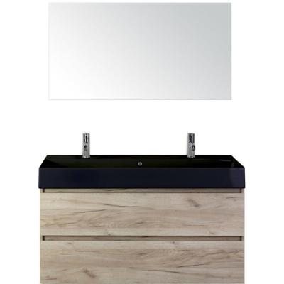 Maxx XL Badmeubelset 120 cm - Craft Oak - Wastafel Kube Enkel Zwart 2 Kraangaten met Spiegel