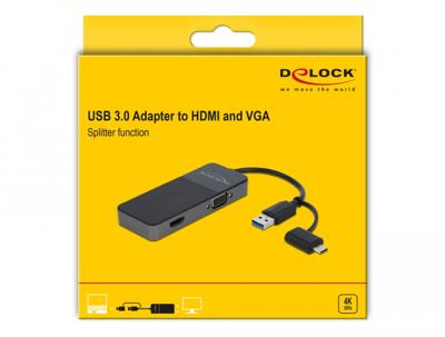 Delock 64085 USB 3.2 Gen 1-adapter naar 4K HDMI + VGA met splitterfunctie
