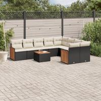 10-delige Loungeset met kussens poly rattan zwart - thumbnail