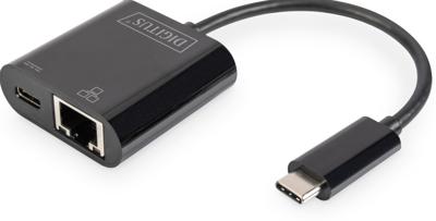 Digitus USB-C, RJ45 Adapter [1x USB-C stekker - 1x RJ45-bus, USB-C bus] DN-3027 Incl. RJ45-bus, Met laadbus, Met USB