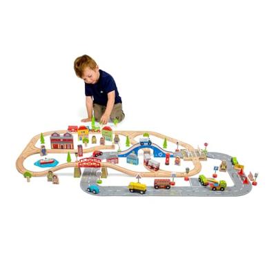 Bigjigs houten treinbaan en autobaan set, 105dlg. - thumbnail