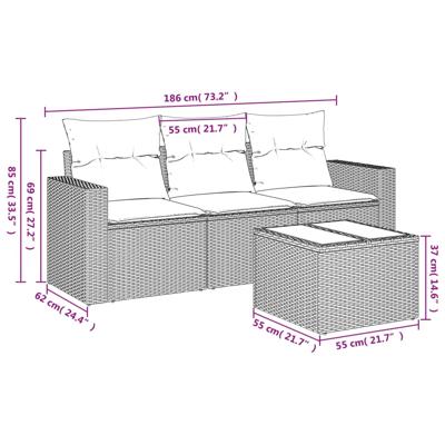 3-delige Loungeset met kussens poly rattan grijs - thumbnail